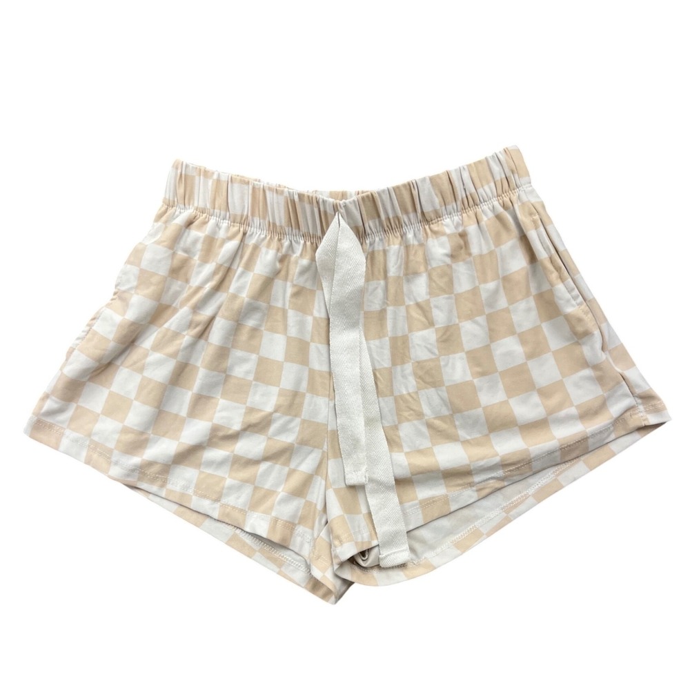 Fourteen Twelve Tan White Checkered Lounge Short Small Elastic Drawstring Pocket